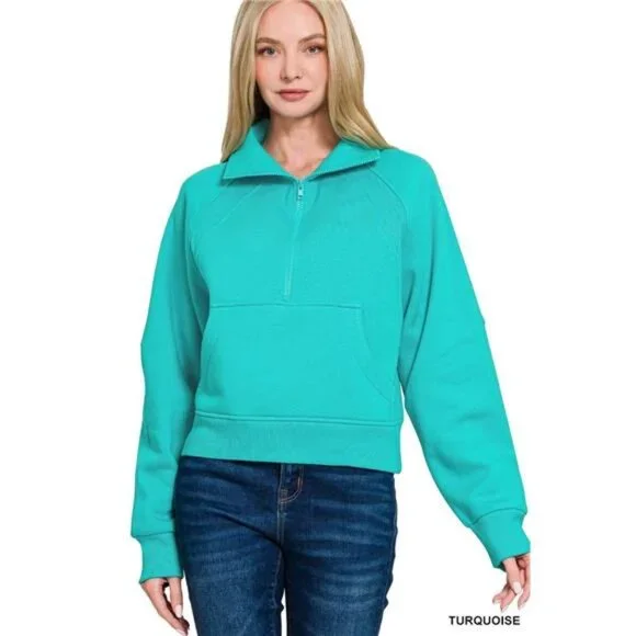 Zenana Fleece Half Zip Kangaroo Pocket Sweatshirts - Picture 1 of 1